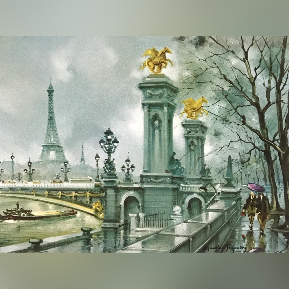 9”x7”Krisarts "Paris Pont Alexandre III Sous La Pluie" Lithographed Print.Signed